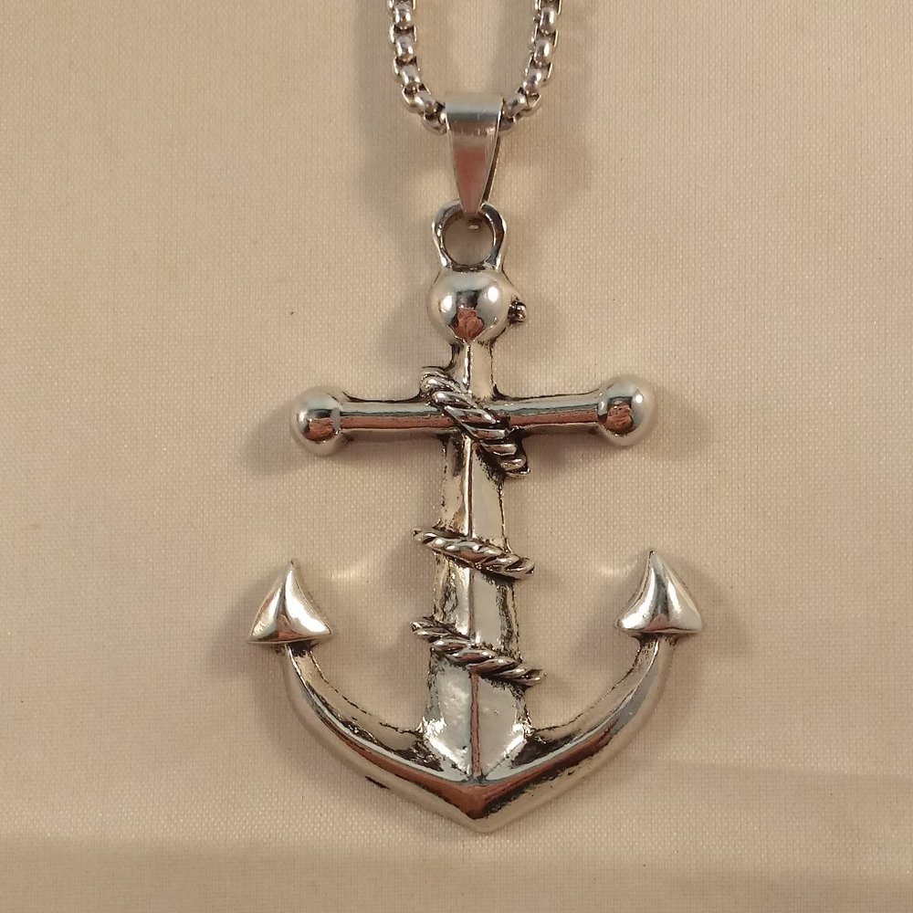 Mens Silver Stainless Steel Boat Anchor Rope Pendant Rolo Chain Necklace Gift - Picture 2 of 6
